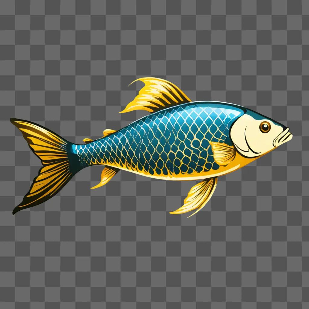 A blue and yellow fish drawing with a green background