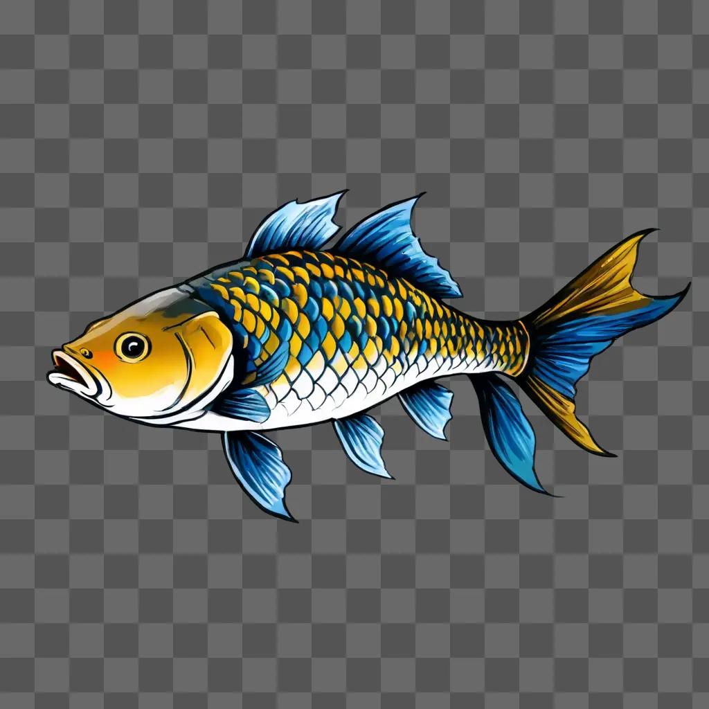 A blue and yellow fish drawing with a light blue background