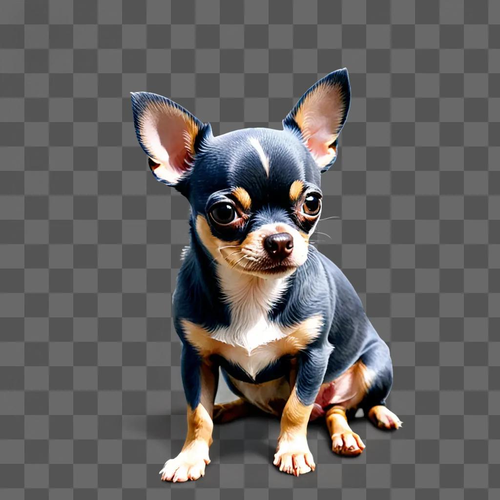 A blue apple head chihuahua sits on a gray background