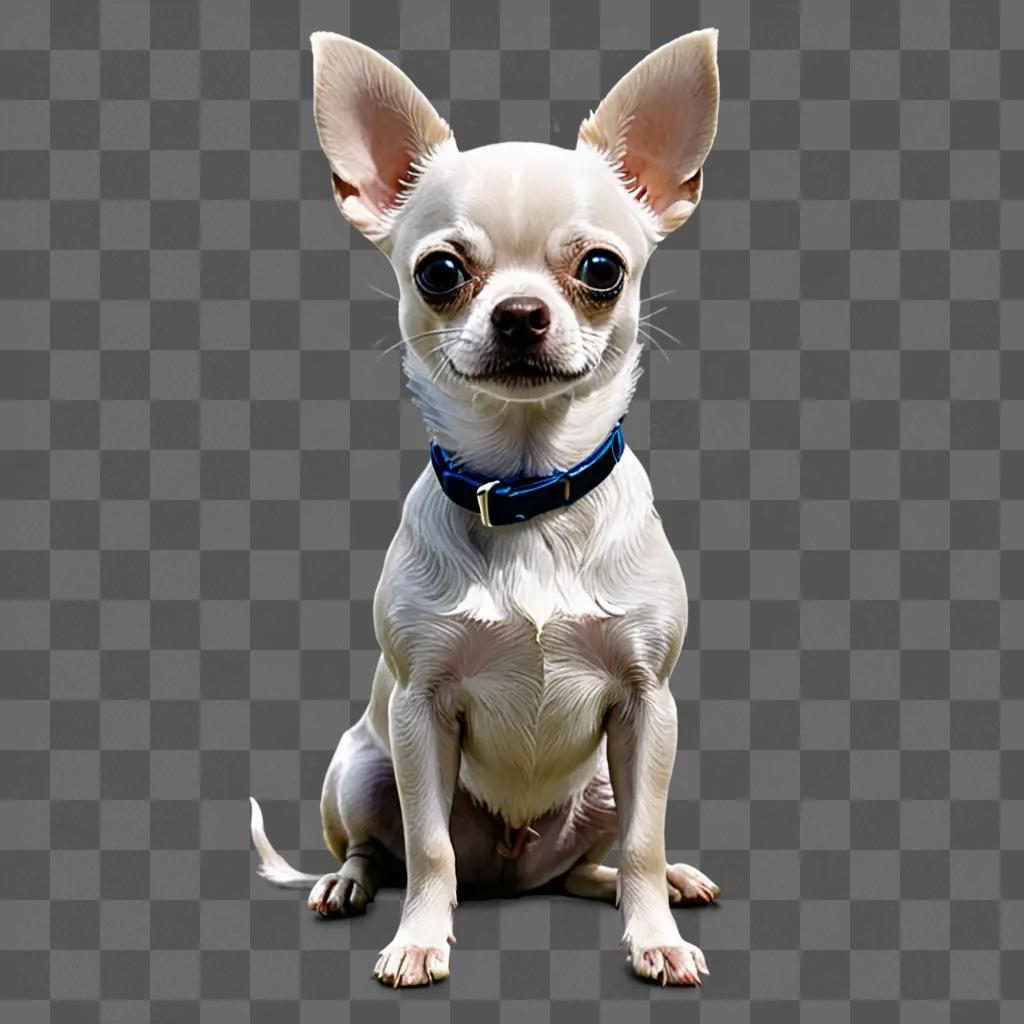 A blue apple head chihuahua sits on a tan surface