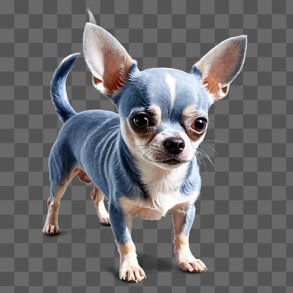 A blue apple head chihuahua stands on a gray surface