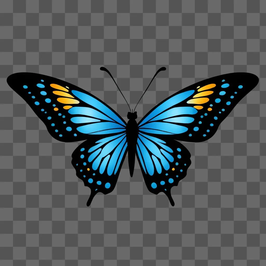 A blue butterfly with orange wings on a dark blue background