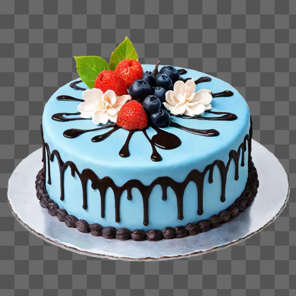 A blue cake with a drawing of strawberries and blueberries