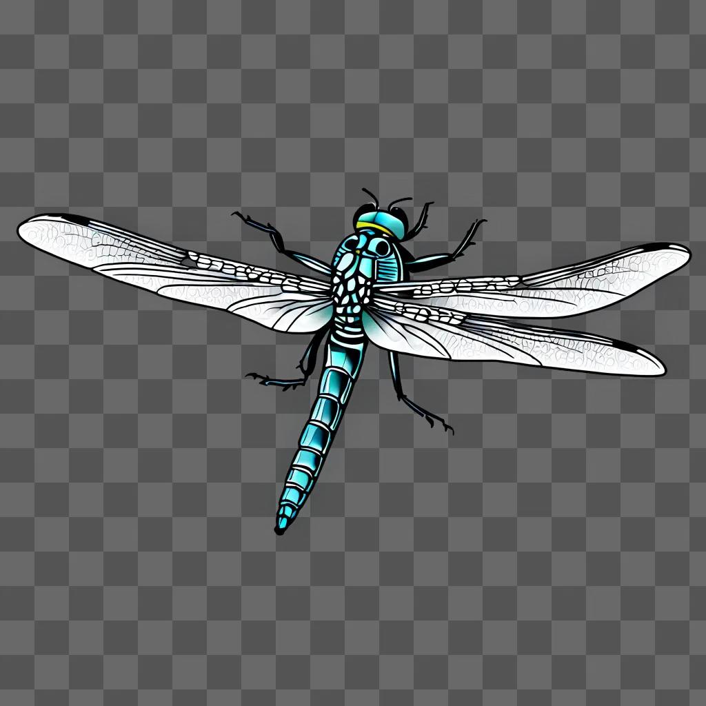 A blue dragonfly drawing with wings outstretched