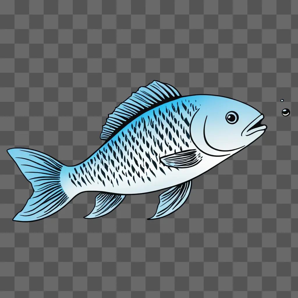 A blue fish drawing for kids with bubbles