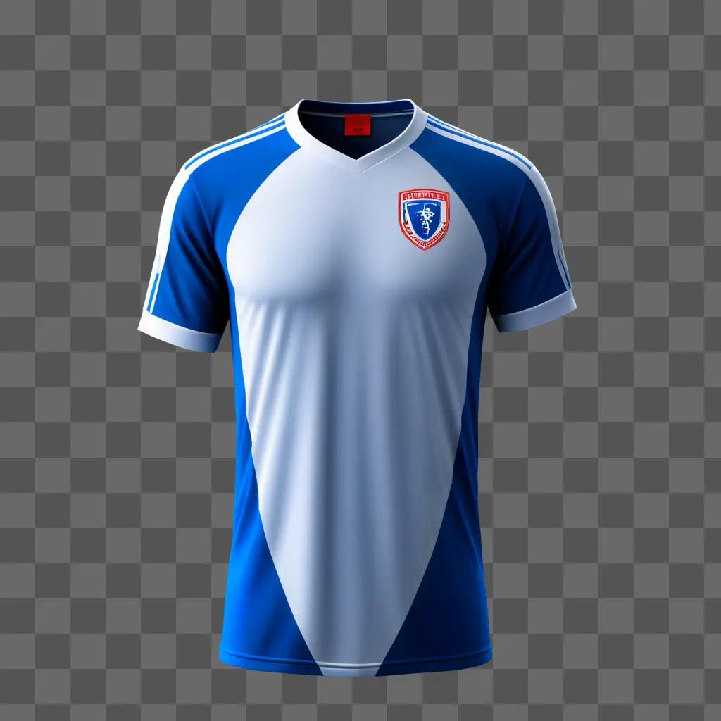 A blue football shirt with white and red accents