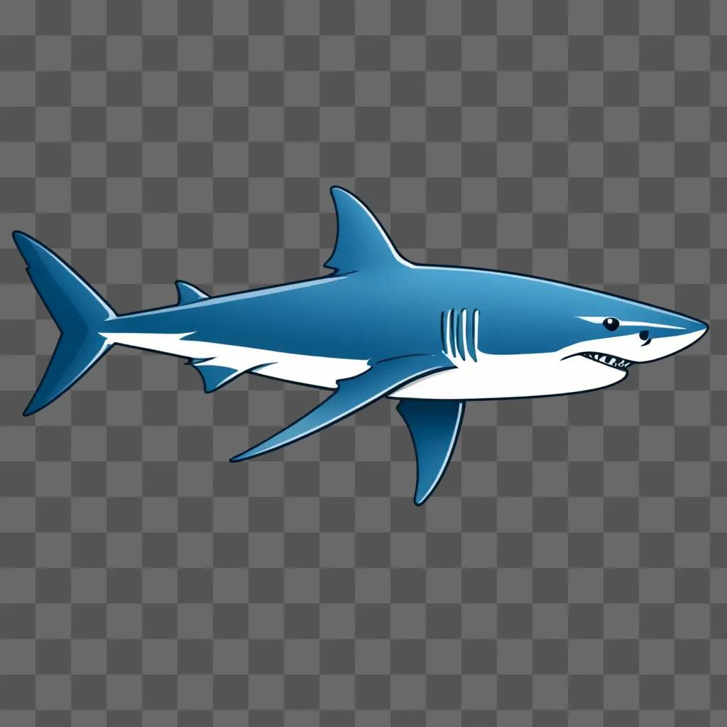 A blue shark drawing with a white face and gray fins