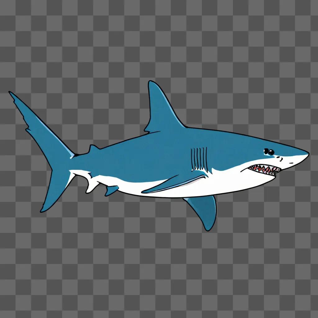 A blue shark drawing with white outline and white teeth