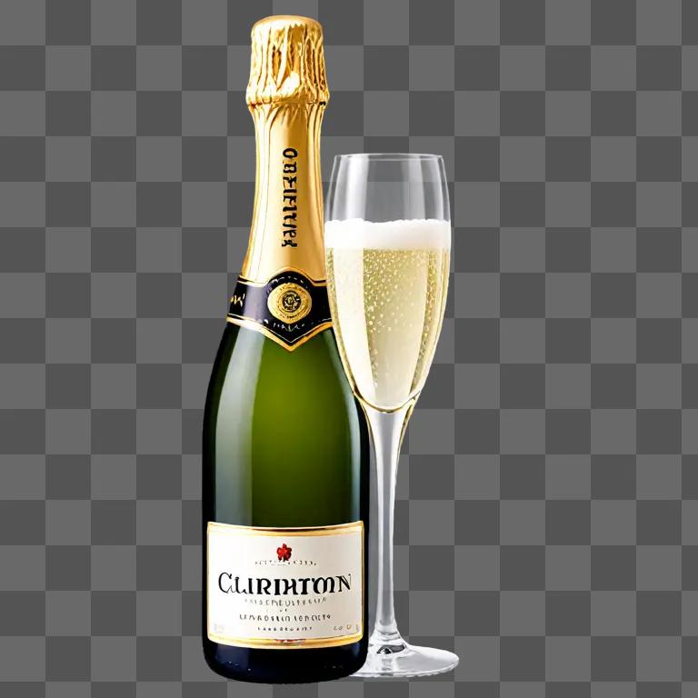 A bottle of champagne with a glass of champagne next to it