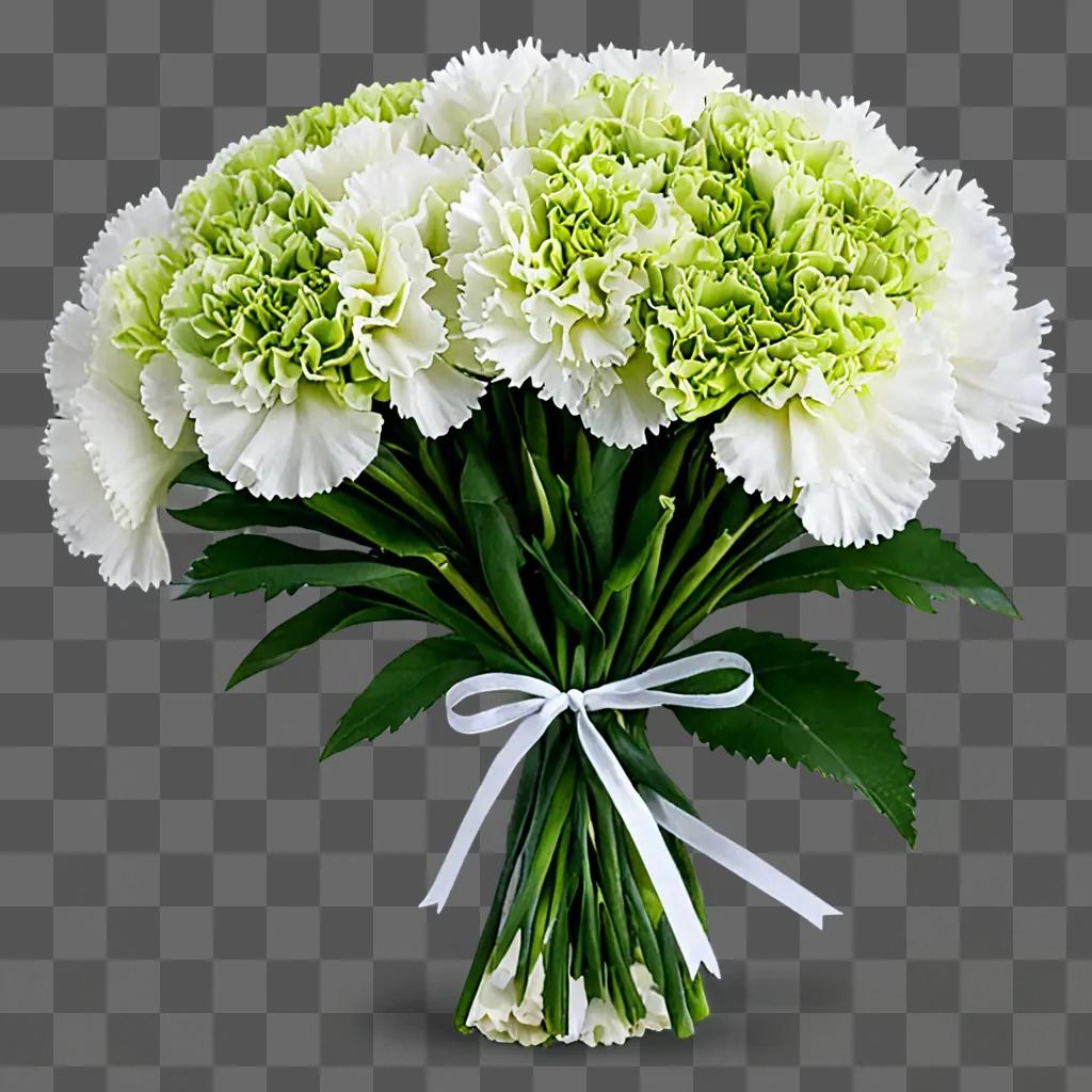 A bouquet of green and white carnations with a white ribbon