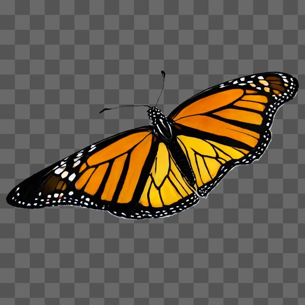 A brightly colored monarch butterfly drawing on a brown background