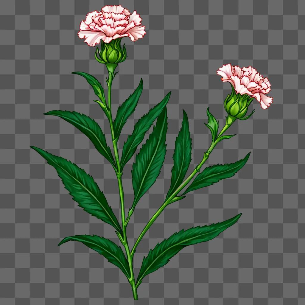 A brightly lit pink carnation drawing on a green background