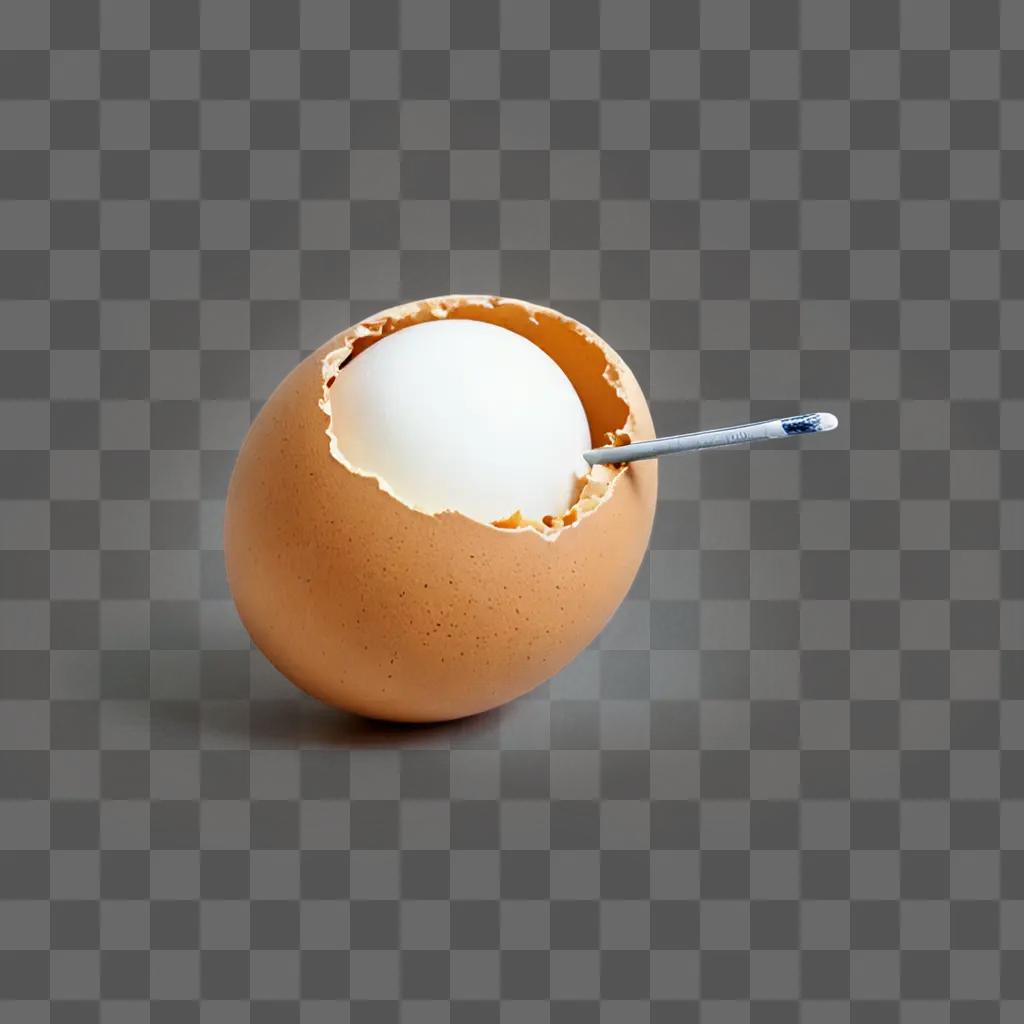 A broken egg shell with a matchstick inside