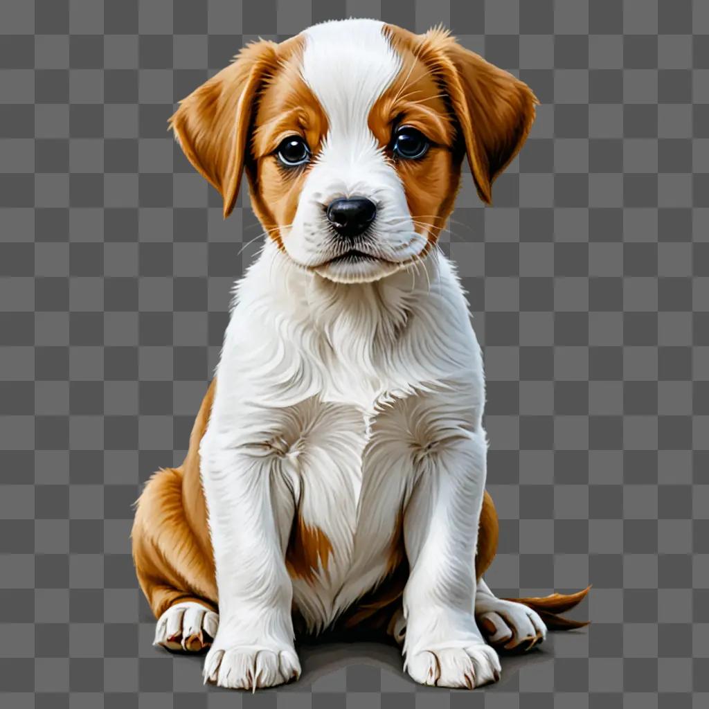 A brown and white puppy sitting in a drawing