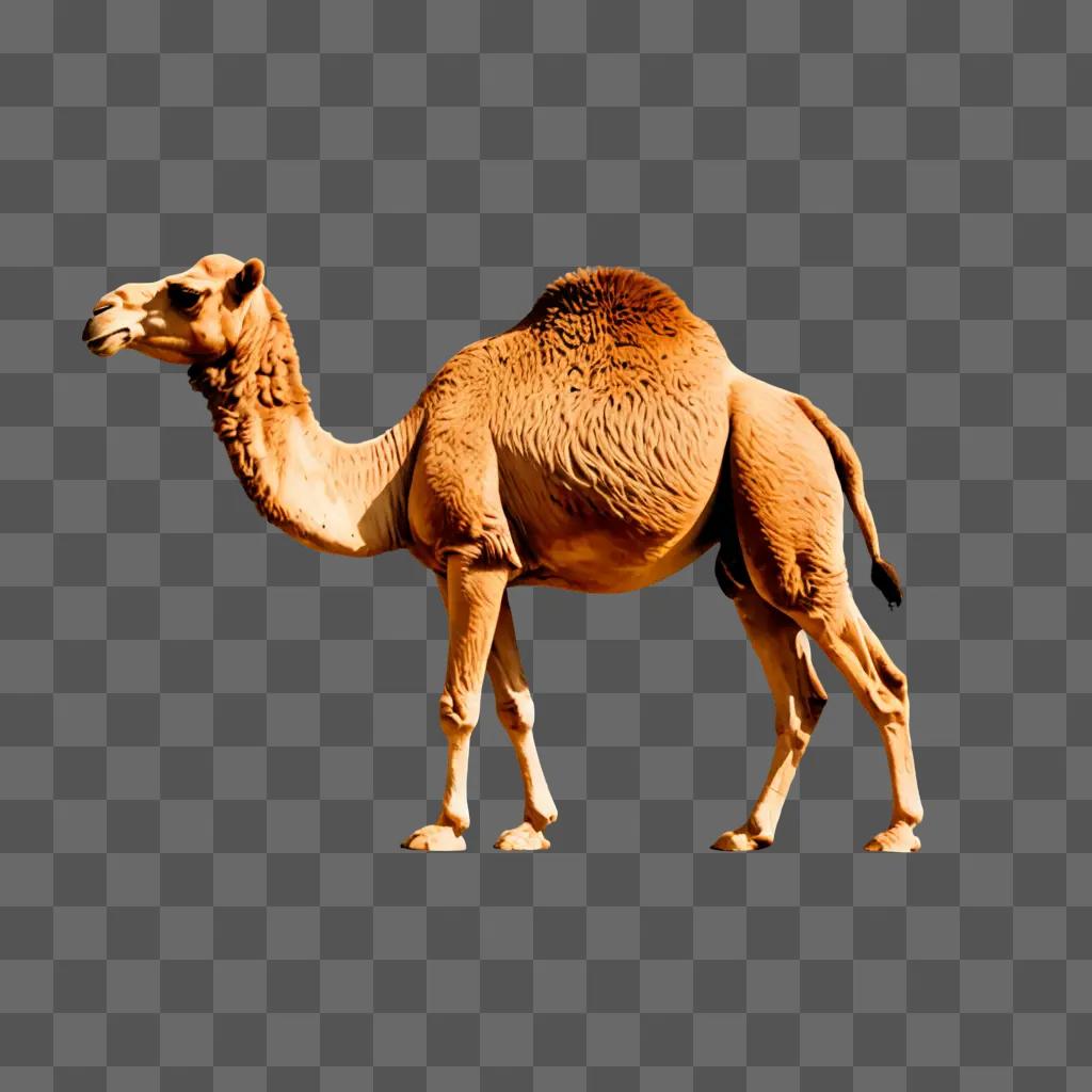 A brown camel is illustrated in a beige background