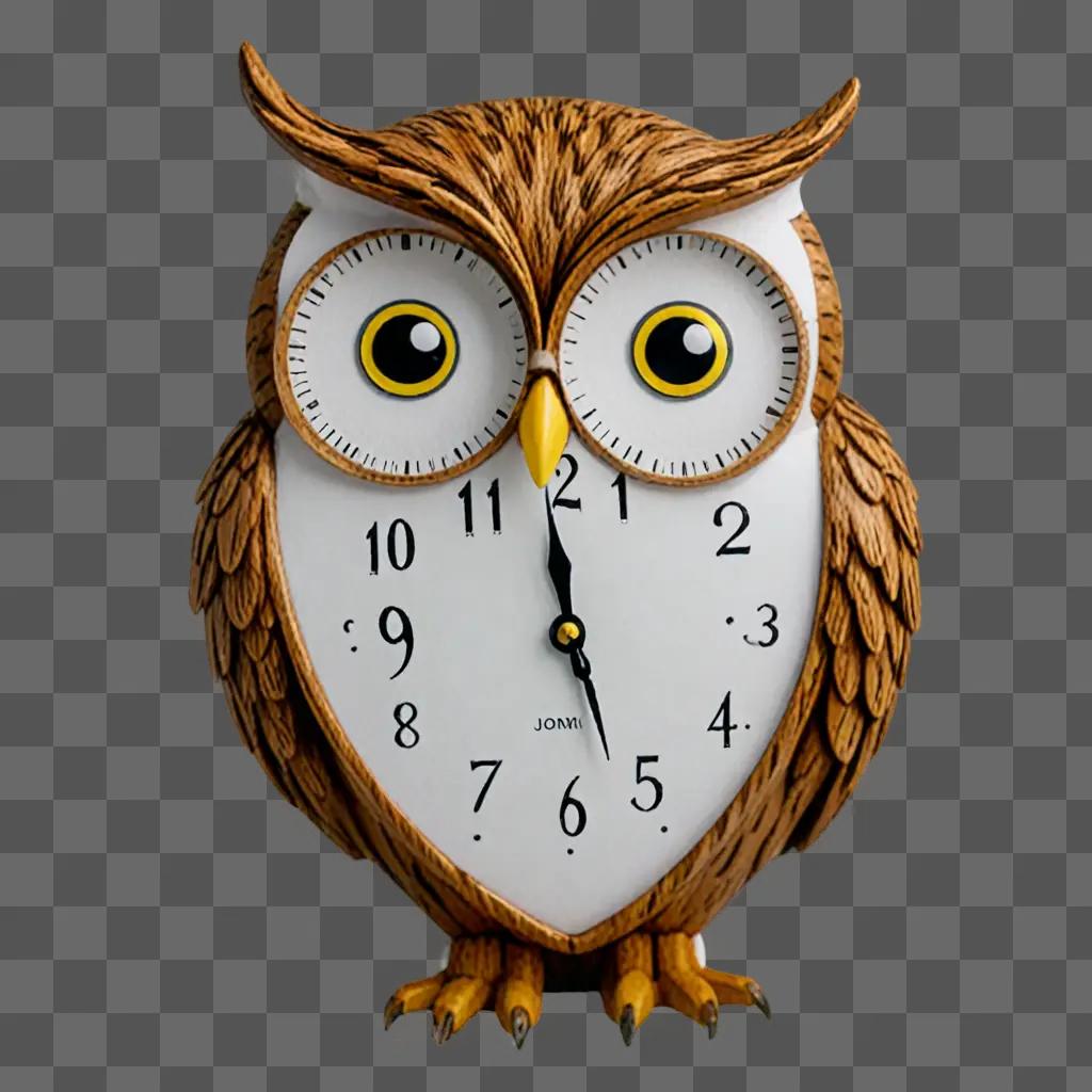 A brown owl clock with black eyes and yellow beak