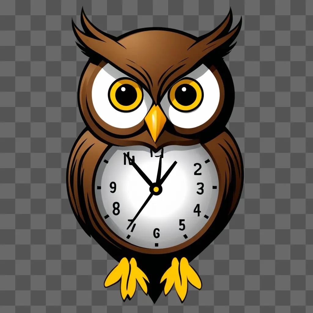 A brown owl clock with yellow eyes