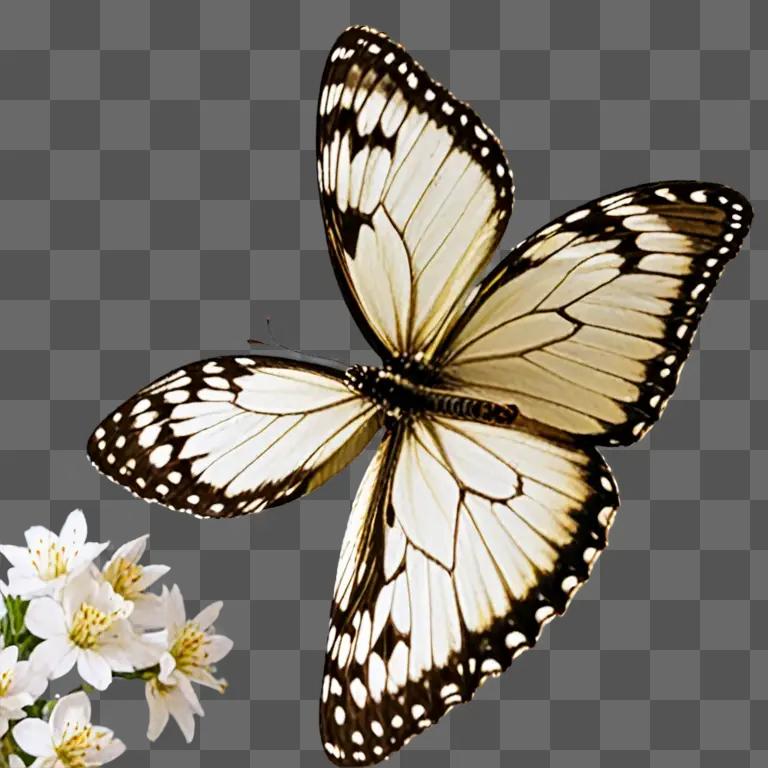 A butterfly with white and black wings is in the air