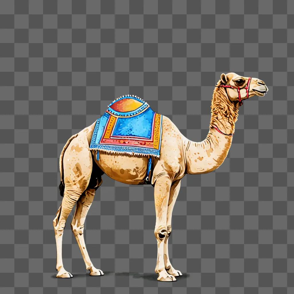 A camel drawing with colour on a brown background