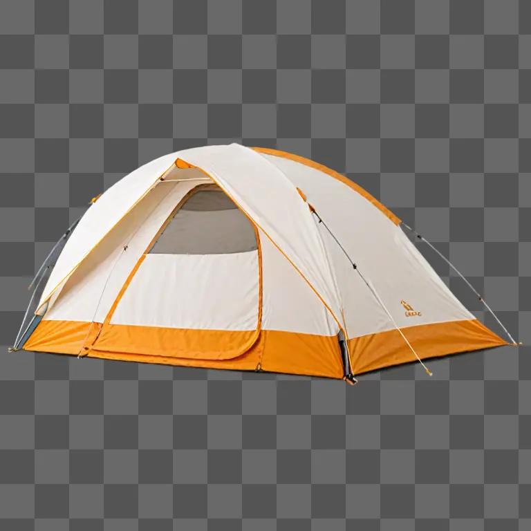 A camping tent with orange trim and white walls