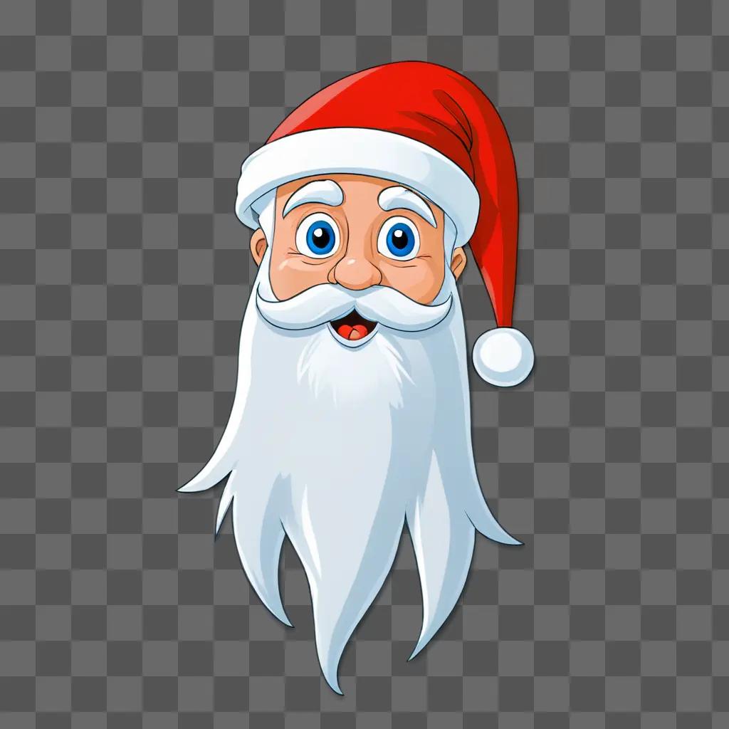 A cartoon Santa hat drawing with a white beard and blue eyes