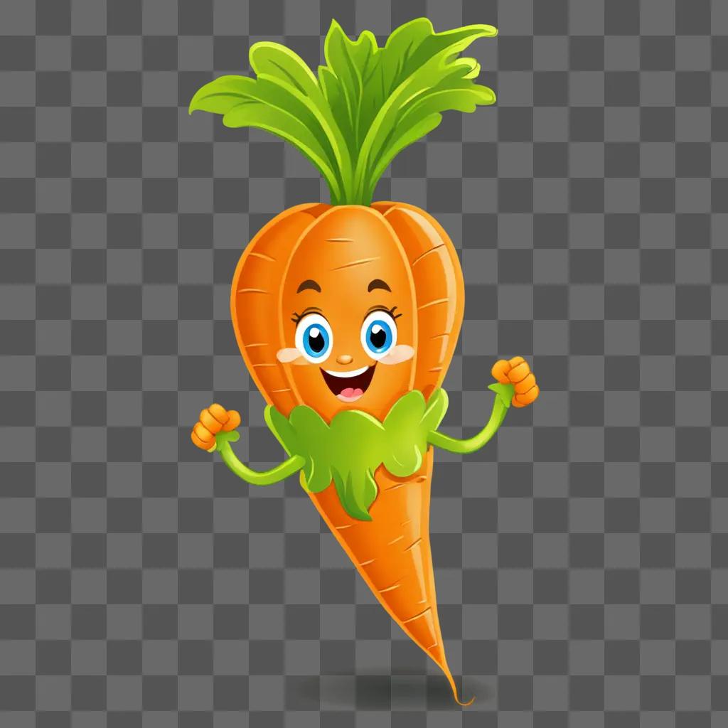 A cartoon carrot drawing is green and has eyes and a smile