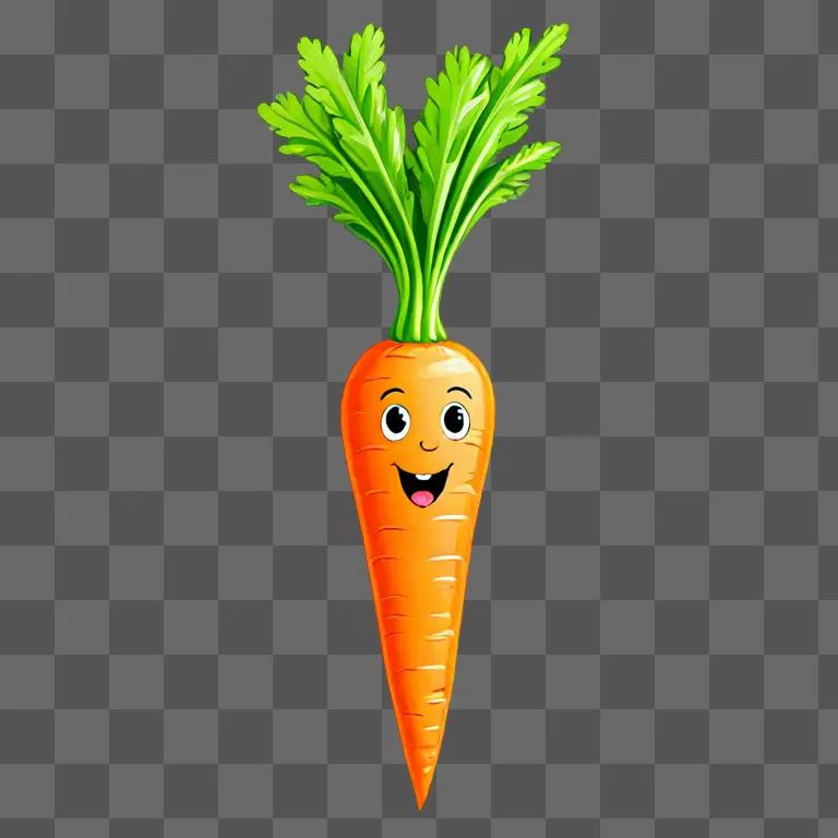 A cartoon carrot with a smiling face and green leaves