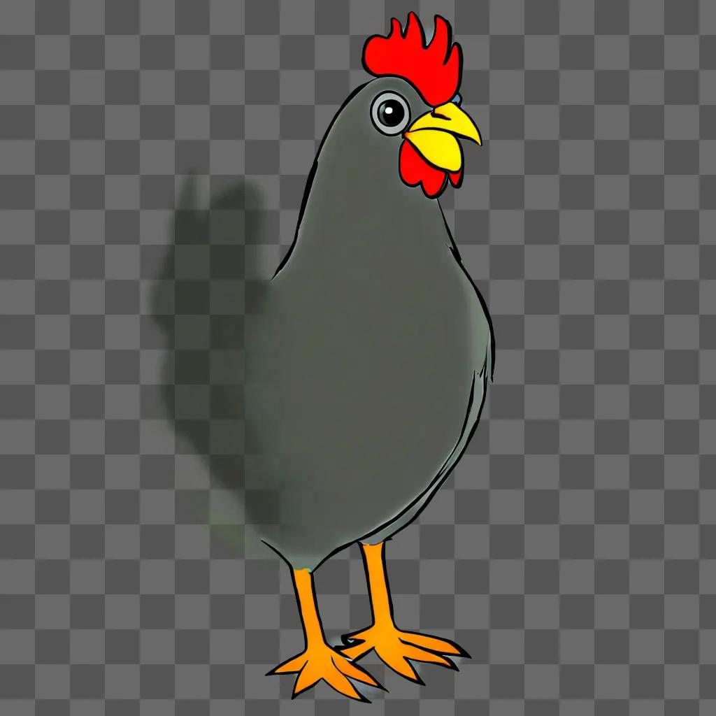 A cartoon chicken stands on a brown background