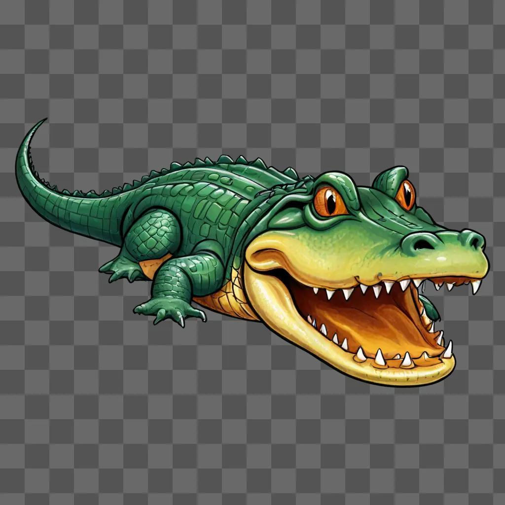 A cartoon coy alligator drawing on a green background