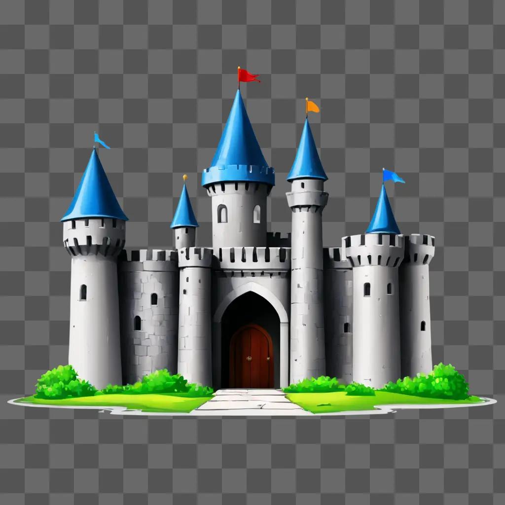 A cartoon drawing of a castle with a flag on top