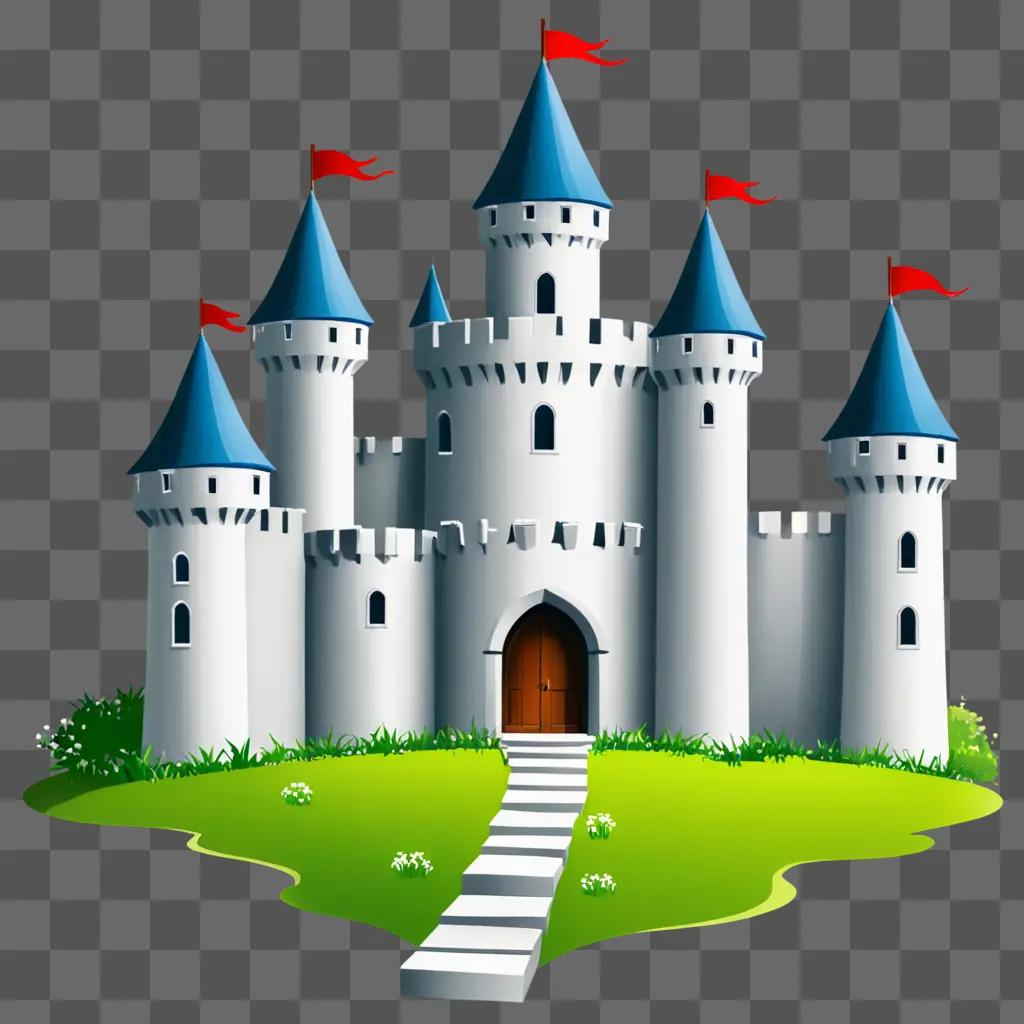 A cartoon drawing of a castle with four towers