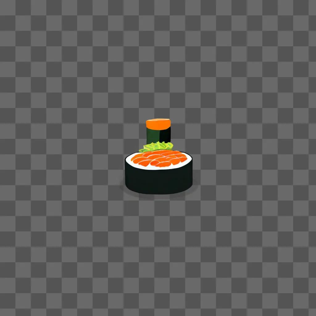 A cartoon drawing of a sushi roll with a green leaf and orange drink