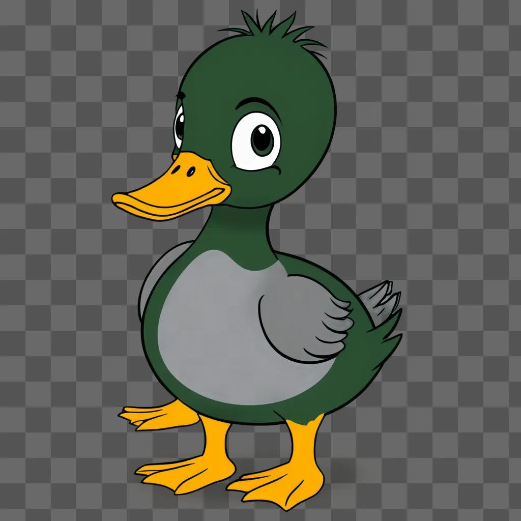 A cartoon duck is standing on a green background