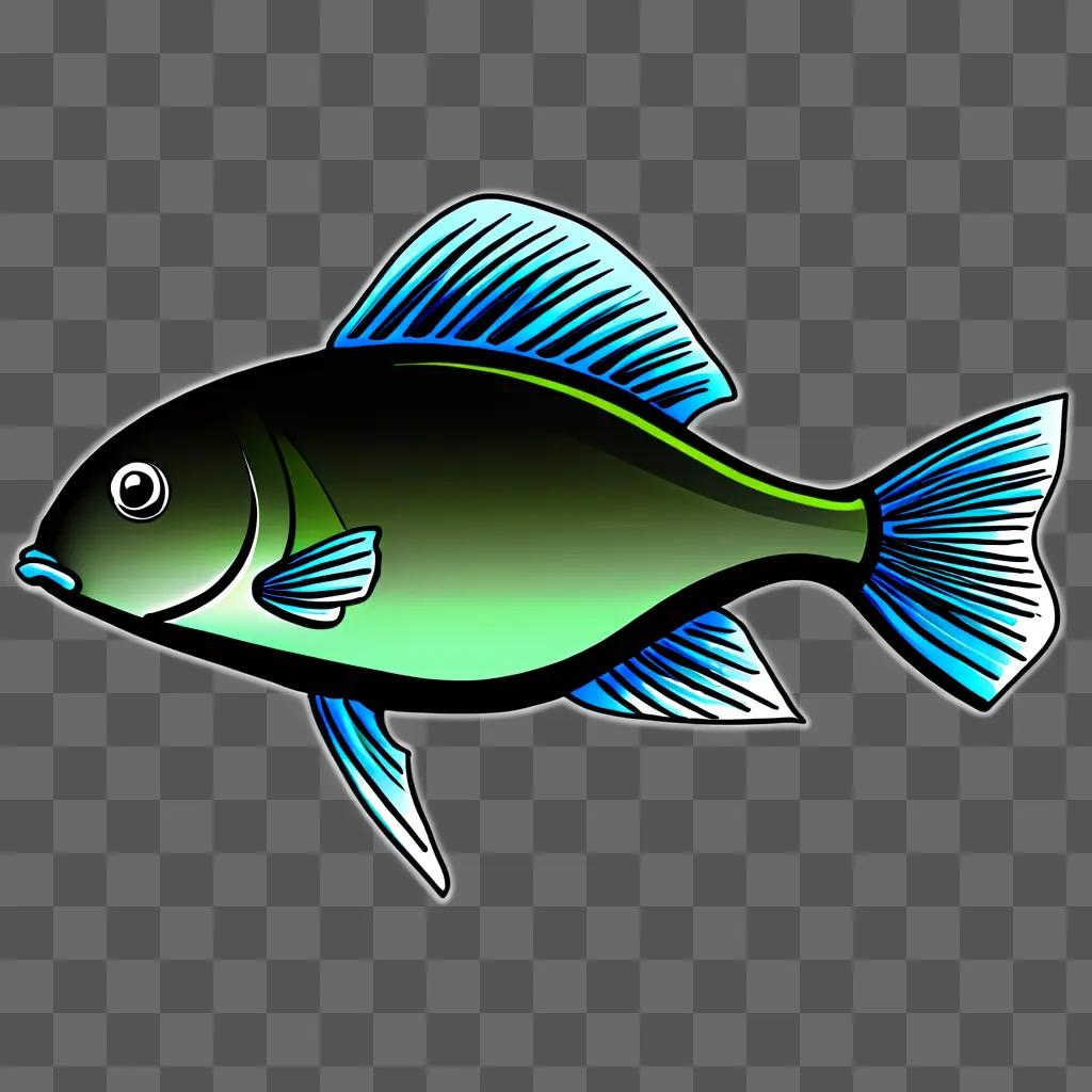 A cartoon fish drawing with blue and green colors