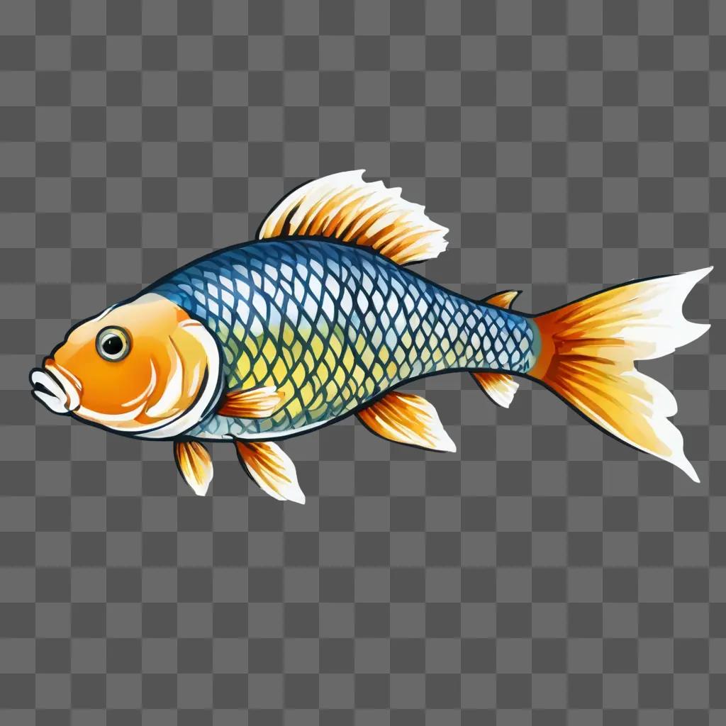 A cartoon fish drawing with blue and orange colors