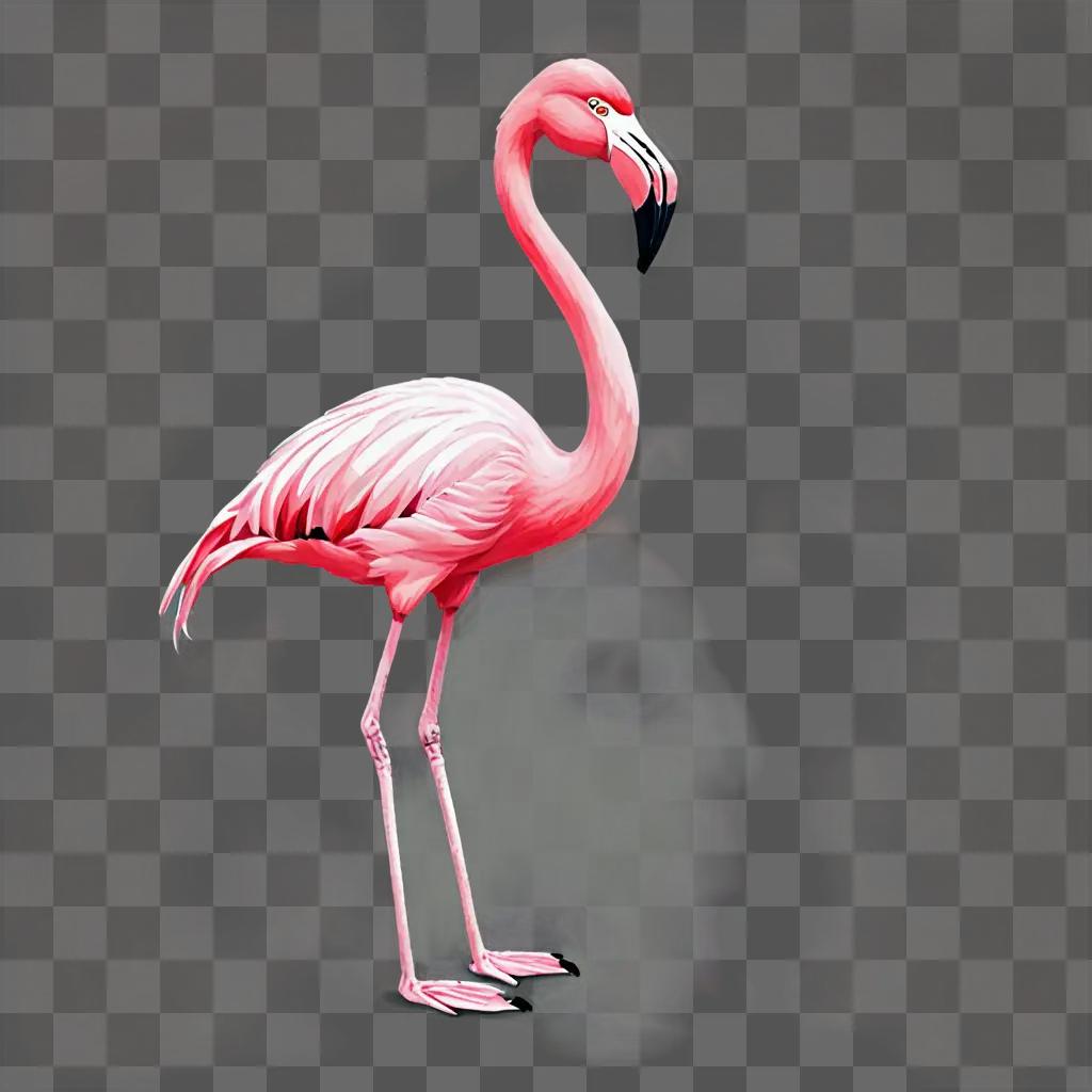 A cartoon flamingo with black beak and pink feet