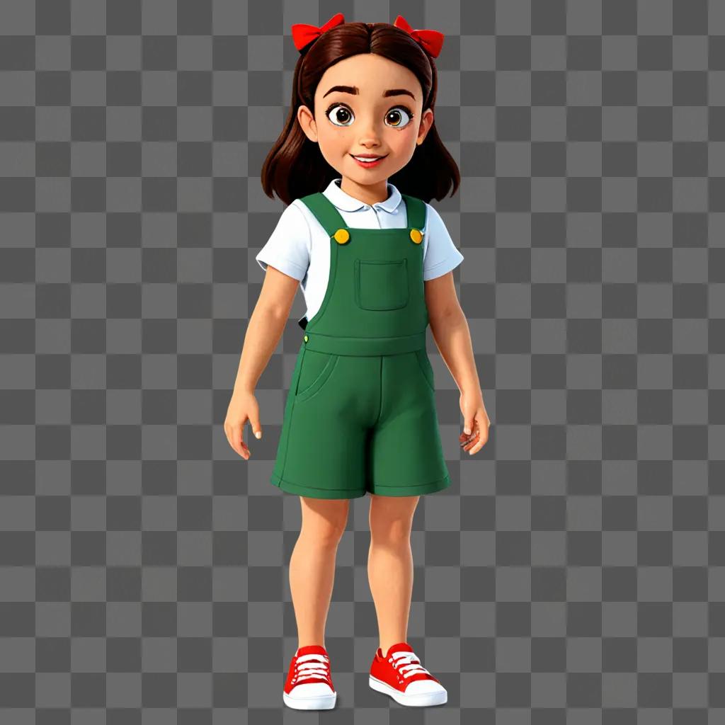 A cartoon girl wearing green overalls and red shoes