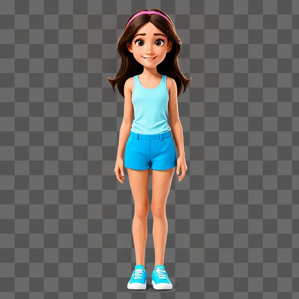 A cartoon girl with blue hair and shorts