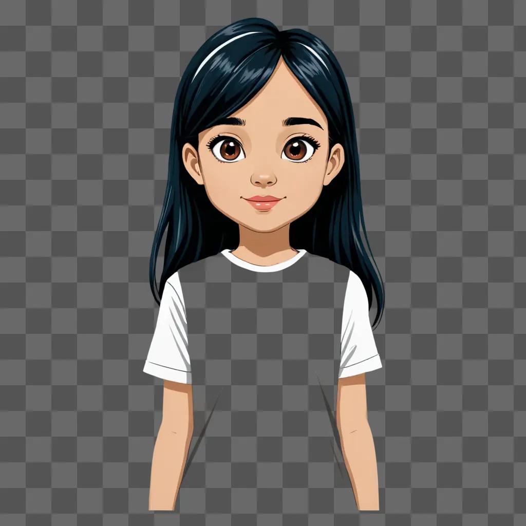 A cartoon girl with dark hair and a white t-shirt