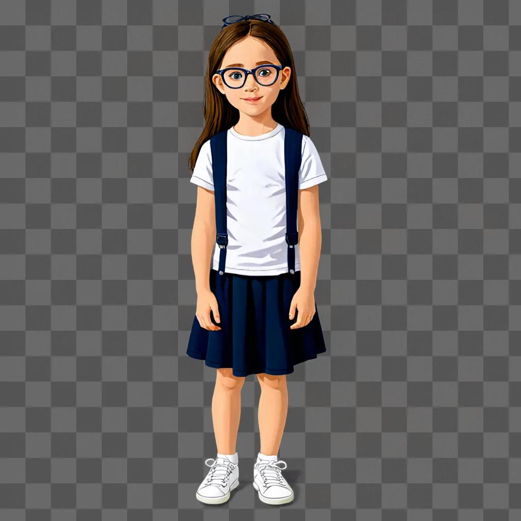 A cartoon girl with glasses is wearing a skirt and suspenders