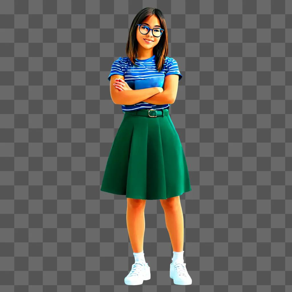 A cartoon girl with glasses stands in front of a green background