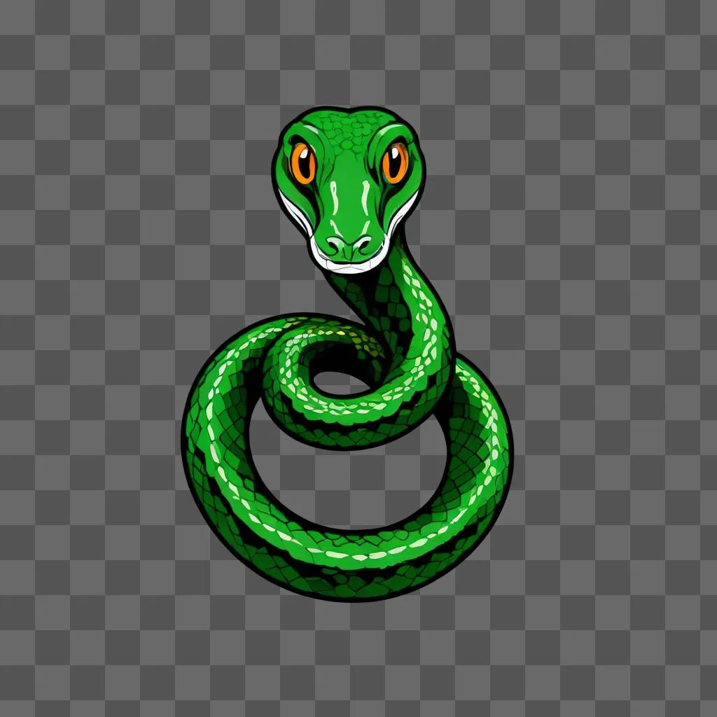 A cartoon green snake with orange eyes and a round head