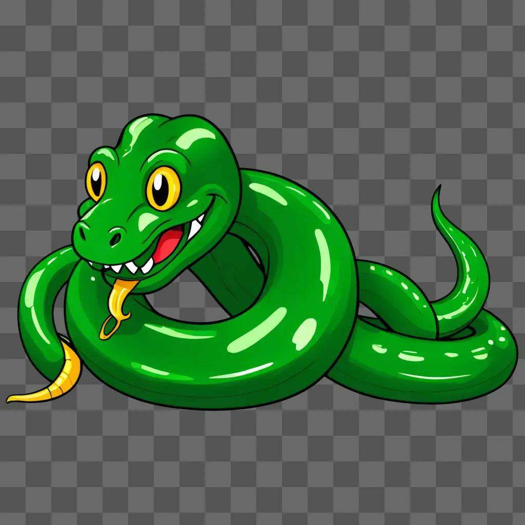 A cartoon green snake with yellow tongue and mouth on a green background