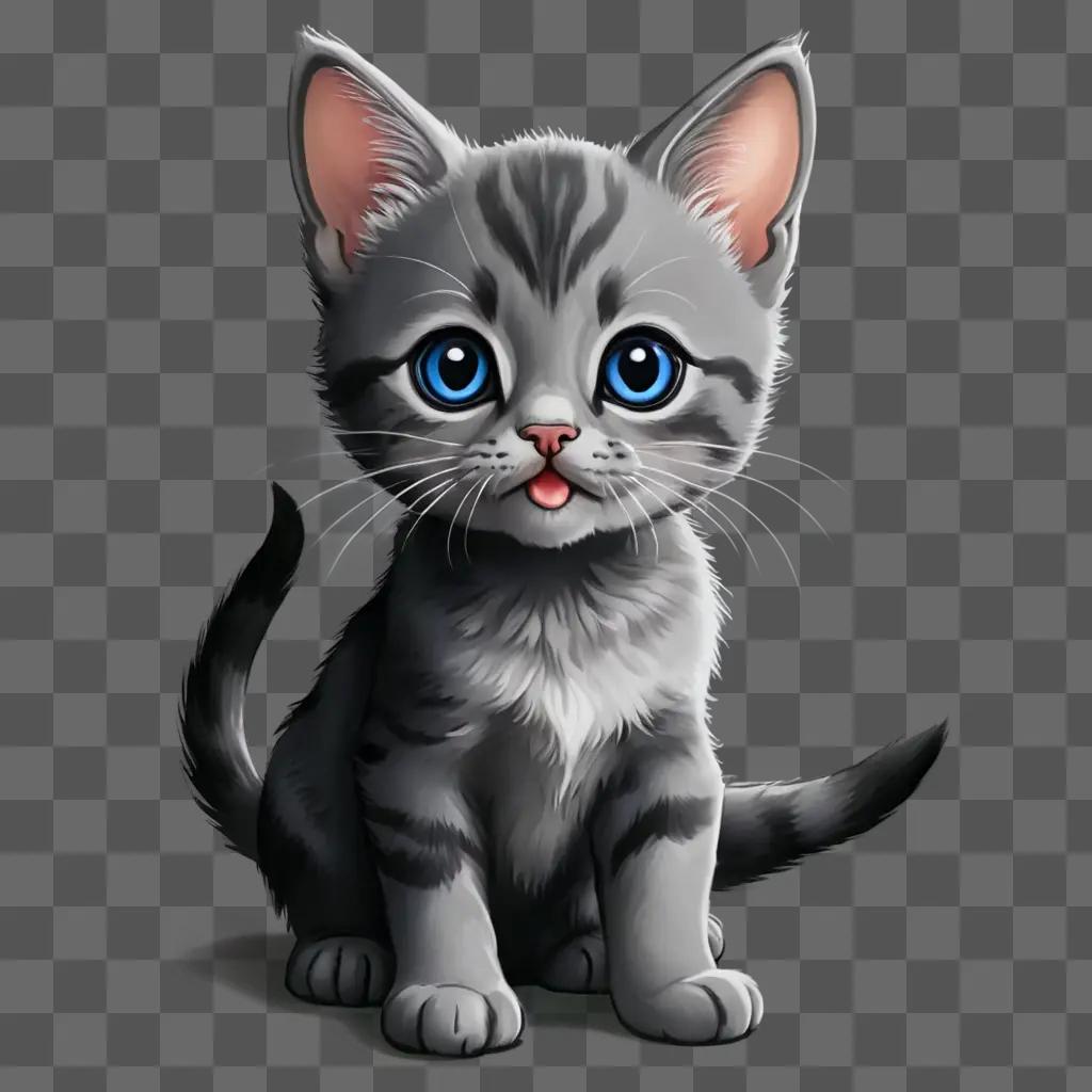 A cartoon kitten drawing with blue eyes and black stripes