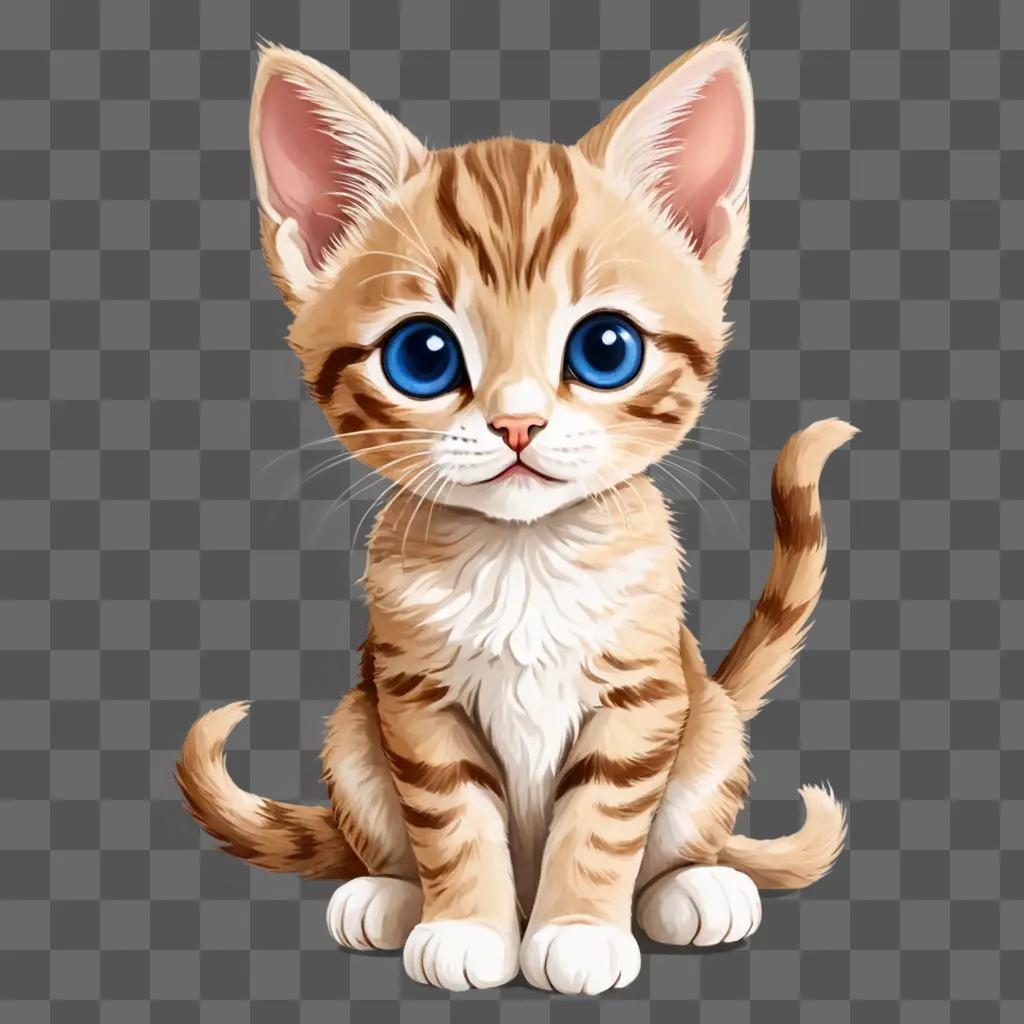 A cartoon kitten with blue eyes sitting on a brown background