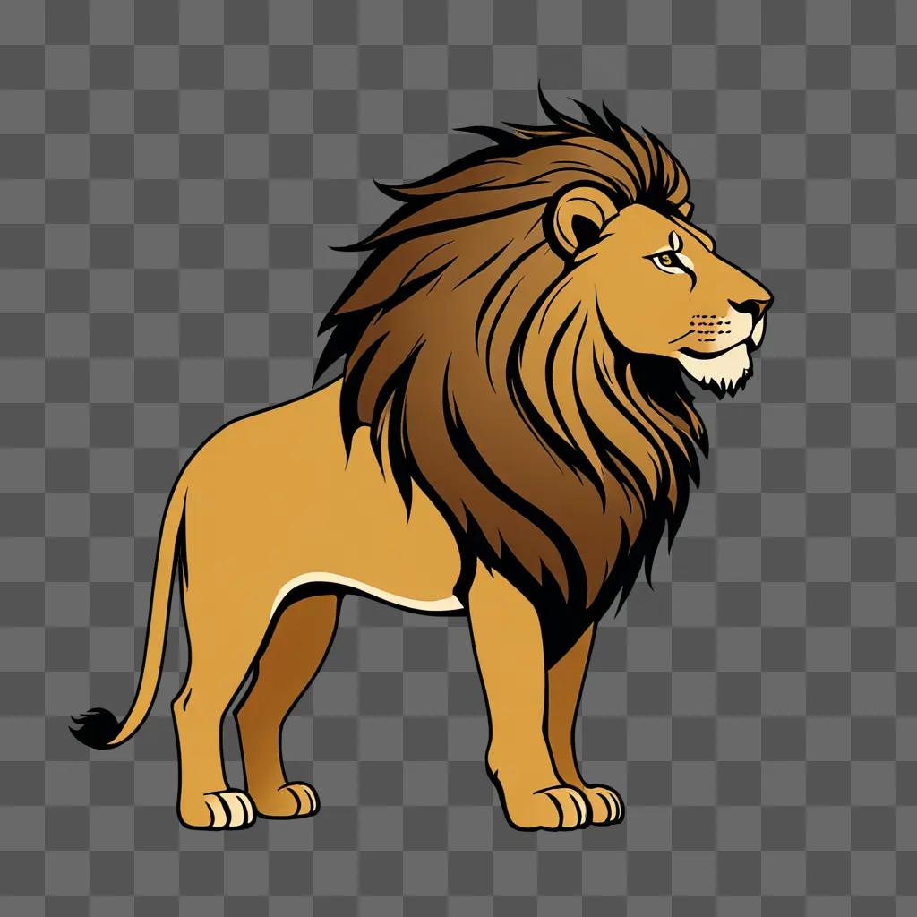 A cartoon lion stands on a brown background