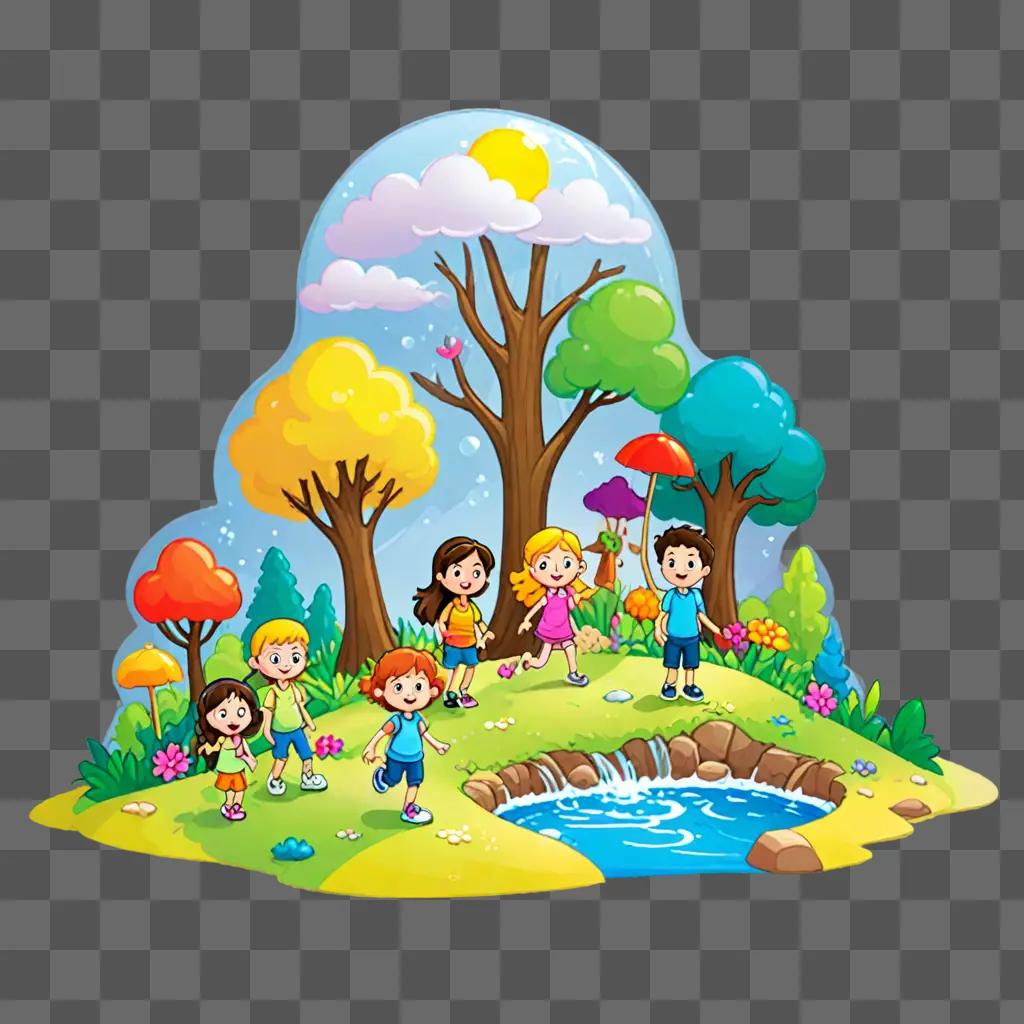 A cartoon of a group of children in a park