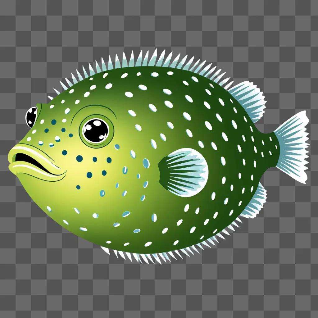 A cartoon puffer fish with a green body and black spots