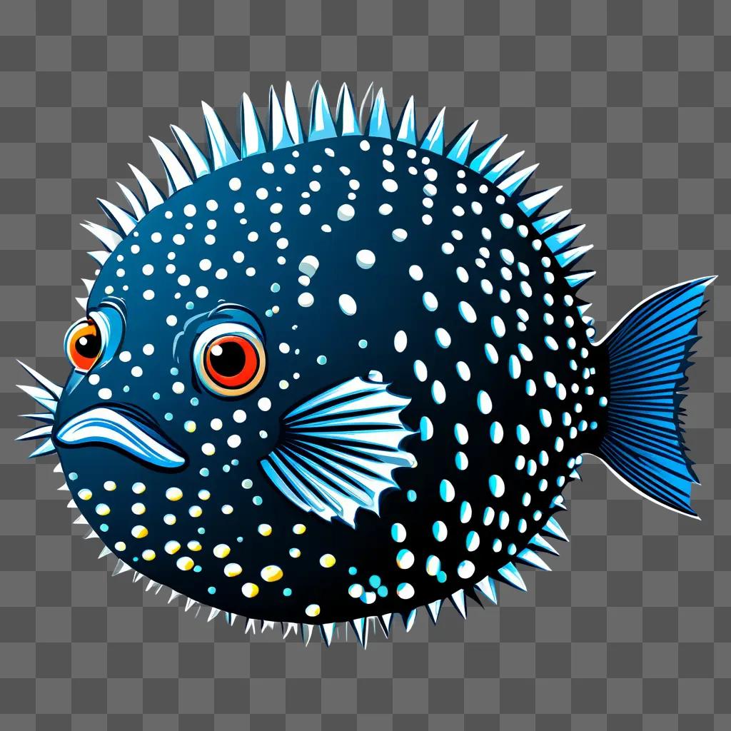 A cartoon puffer fish with black spots and orange eyes