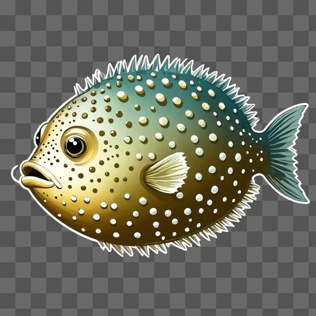 A cartoon puffer fish with black spots on a green background